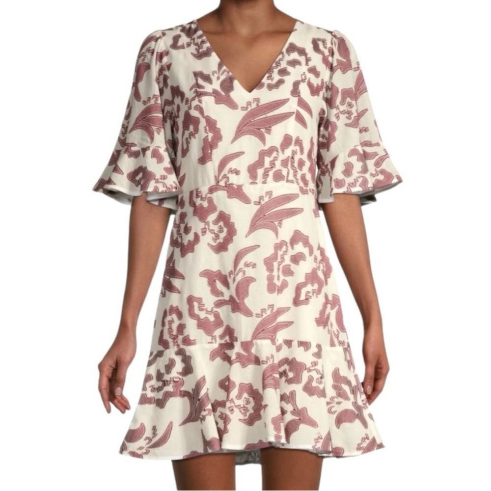 REBECCA TAYLOR Amea Floral Ruffle V Neck Silk Short Sleeve Dress Size 14 NWT